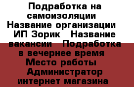 Подработка на самоизоляции › Название организации ­ ИП Зорик › Название вакансии ­ Подработка в вечернее время › Место работы ­ Администратор интернет магазина (дистанционно) › Минимальный оклад ­ 27 000 - Белгородская обл., Белгород г. Работа » Вакансии   